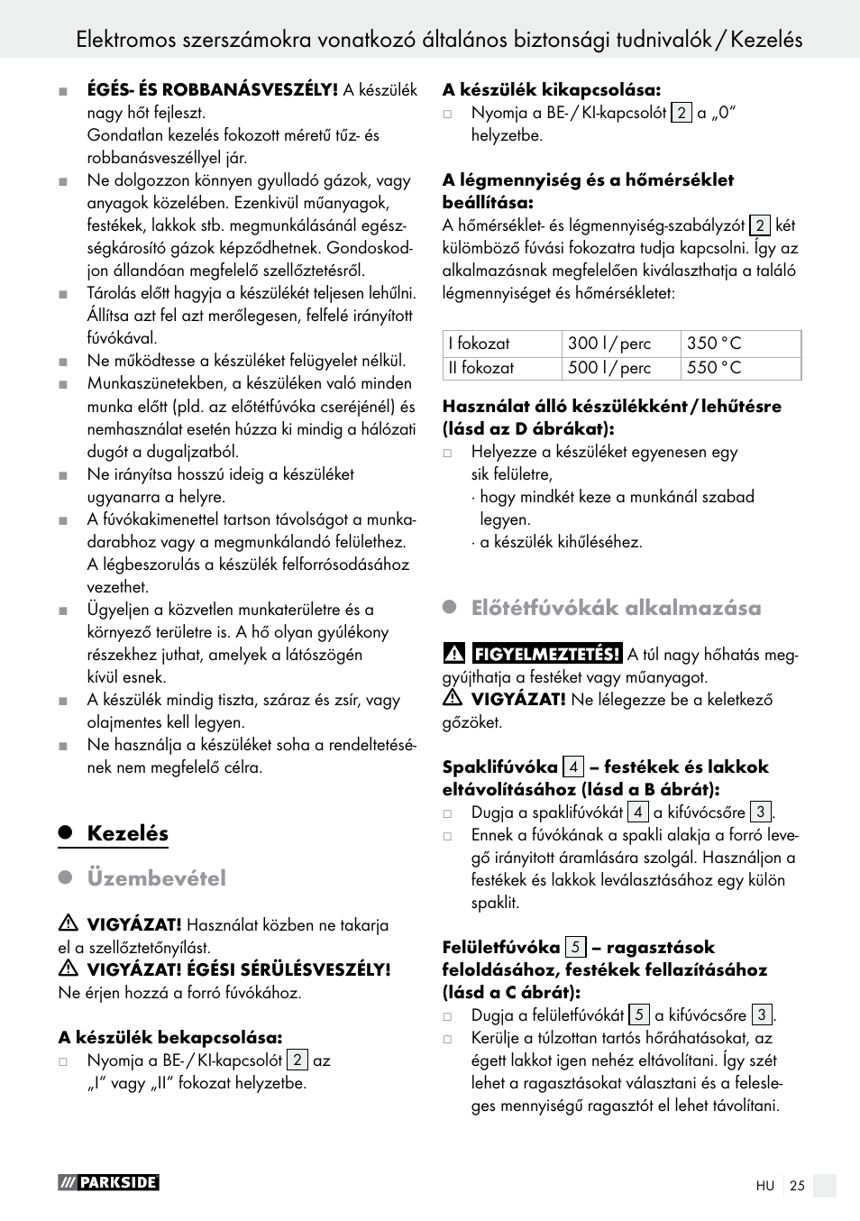 Kezelés, Üzembevétel, Előtétfúvókák alkalmazása | Parkside PHLG 2000 B1 User Manual | Page 25 / 61
