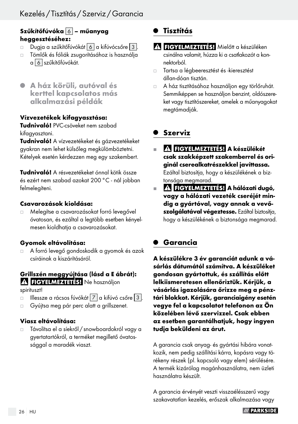 Tisztítás, Szerviz, Garancia | Parkside PHLG 2000 B1 User Manual | Page 26 / 61