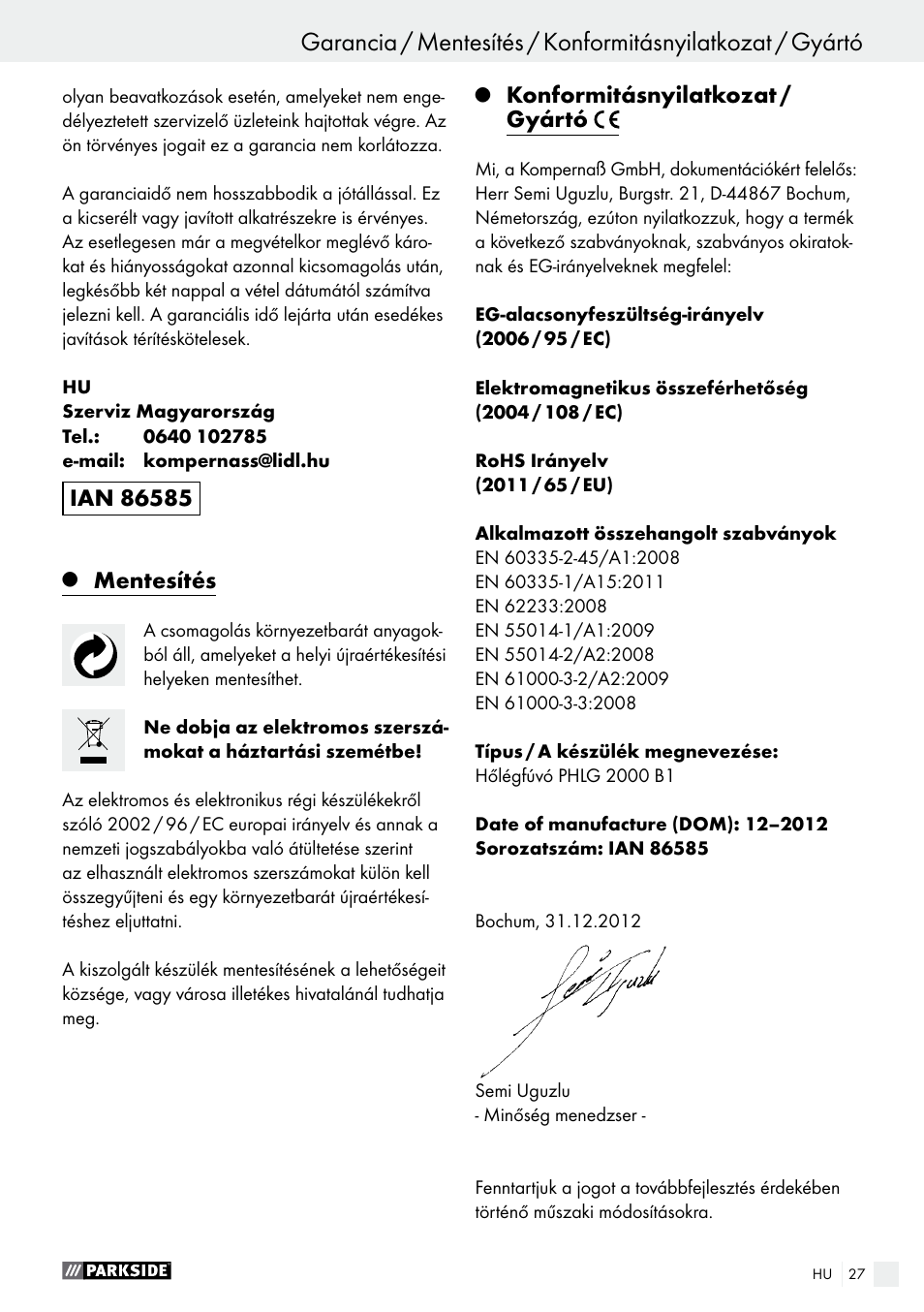 Mentesítés, Konformitásnyilatkozat / gyártó | Parkside PHLG 2000 B1 User Manual | Page 27 / 61