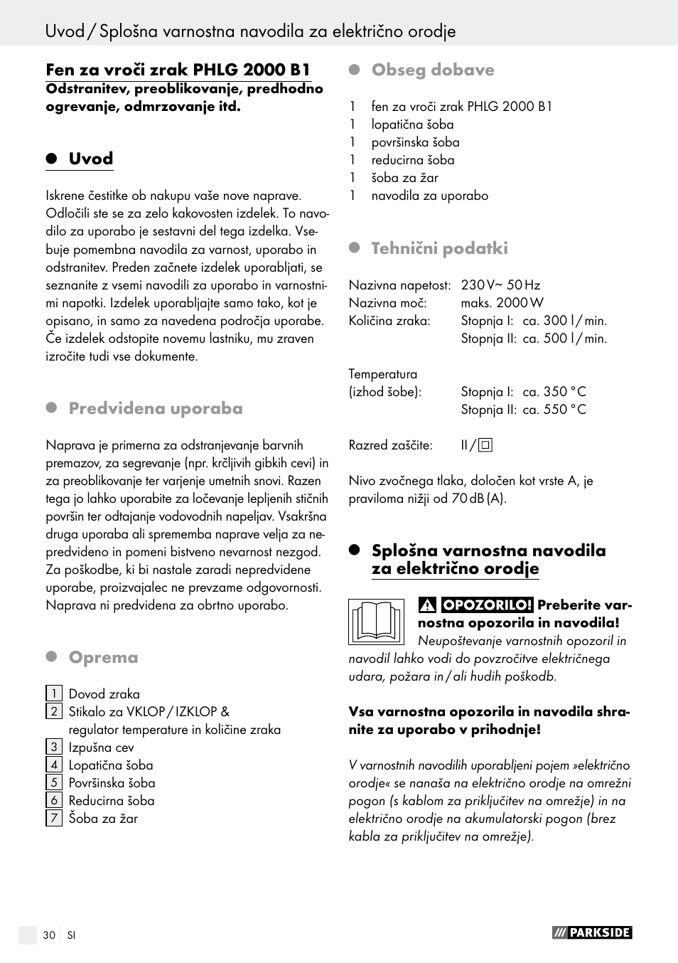 Uvod, Predvidena uporaba, Oprema | Obseg dobave, Tehnični podatki, Splošna varnostna navodila za električno orodje | Parkside PHLG 2000 B1 User Manual | Page 30 / 61