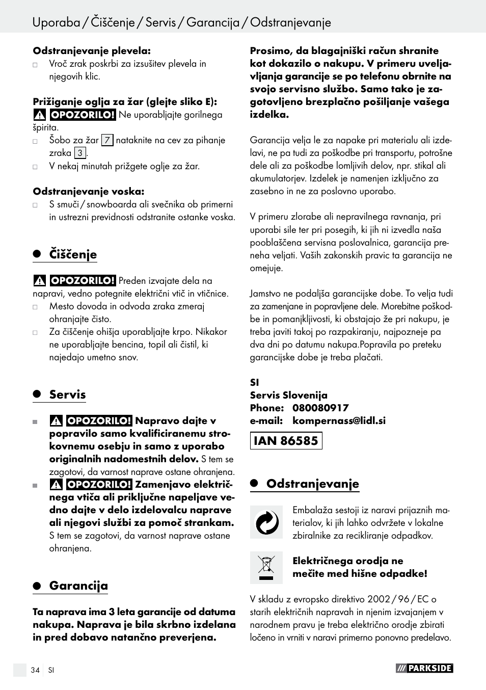 Čiščenje, Servis, Garancija | Odstranjevanje | Parkside PHLG 2000 B1 User Manual | Page 34 / 61
