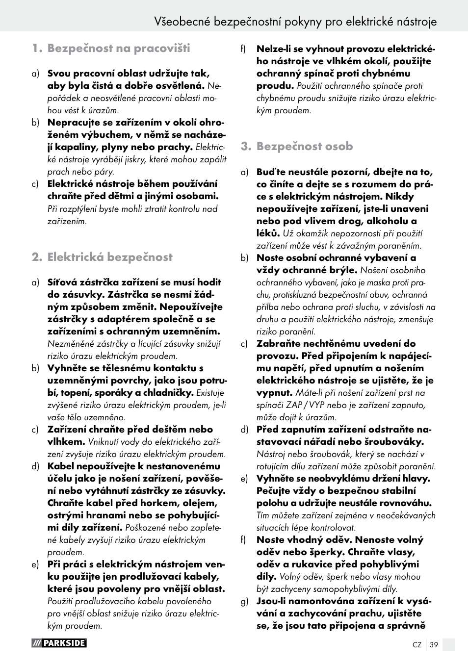 Bezpečnost na pracovišti, Elektrická bezpečnost, Bezpečnost osob | Parkside PHLG 2000 B1 User Manual | Page 39 / 61