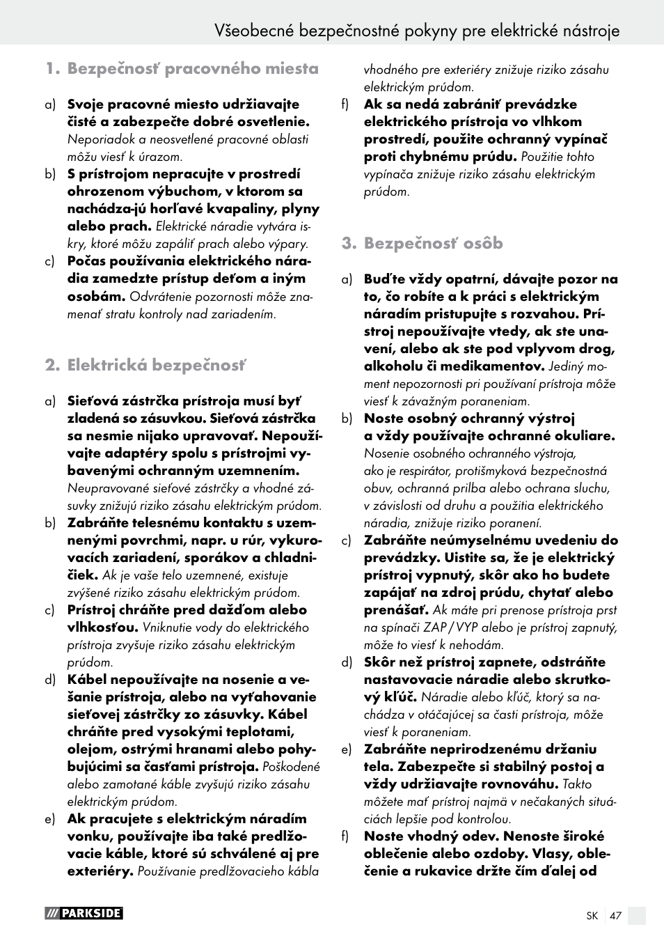 Bezpečnosť pracovného miesta, Elektrická bezpečnosť, Bezpečnosť osôb | Parkside PHLG 2000 B1 User Manual | Page 47 / 61