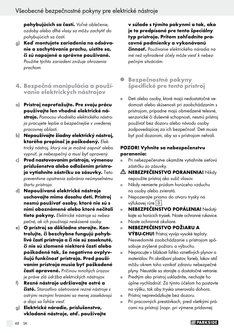 Bezpečnostné pokyny špecifické pre tento prístroj | Parkside PHLG 2000 B1 User Manual | Page 48 / 61