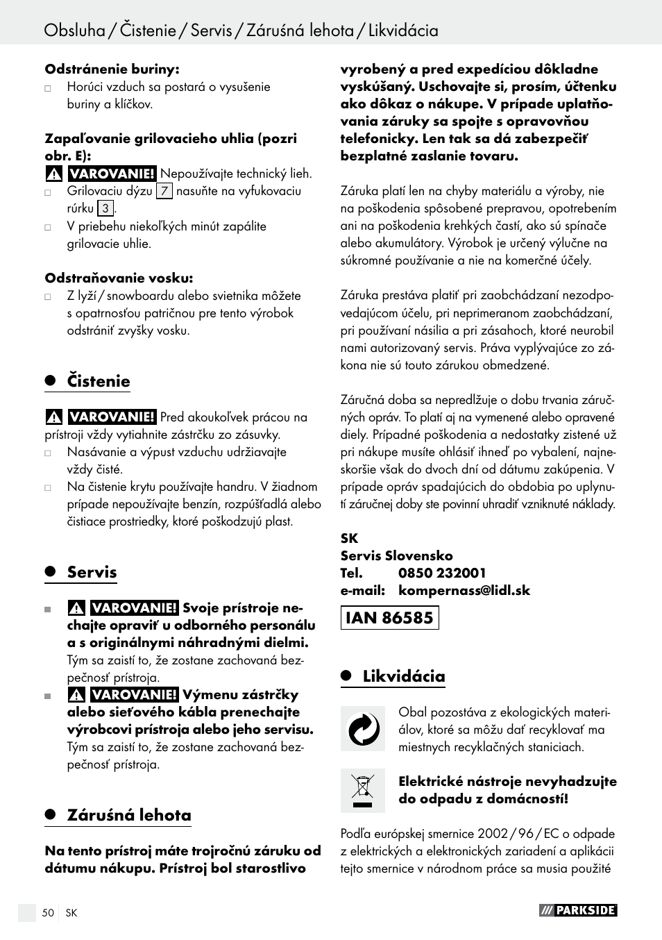 Čistenie, Servis, Záruśná lehota | Likvidácia | Parkside PHLG 2000 B1 User Manual | Page 50 / 61