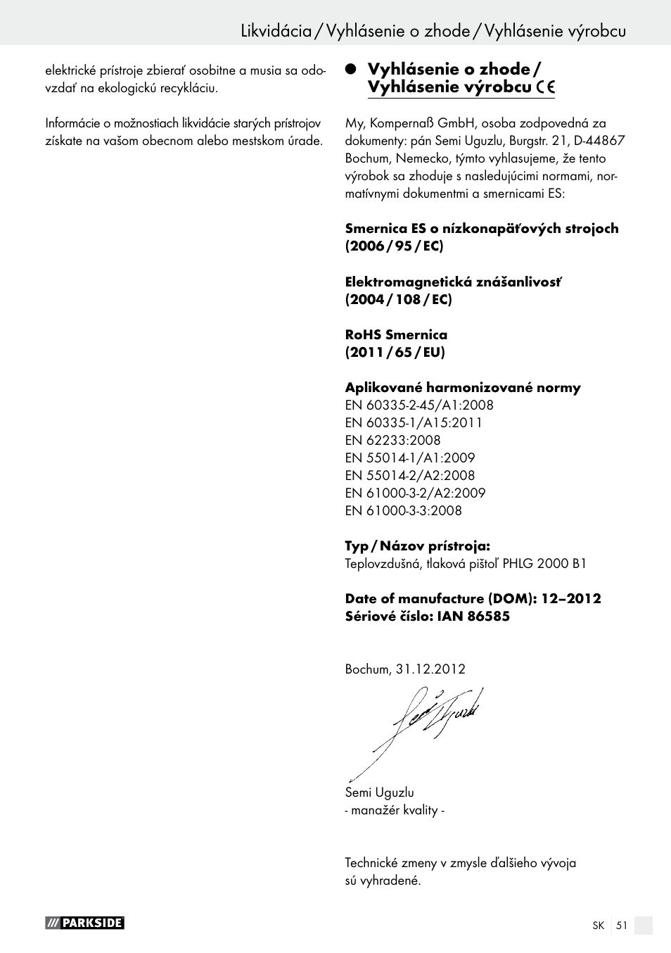 Vyhlásenie o zhode / vyhlásenie výrobcu | Parkside PHLG 2000 B1 User Manual | Page 51 / 61