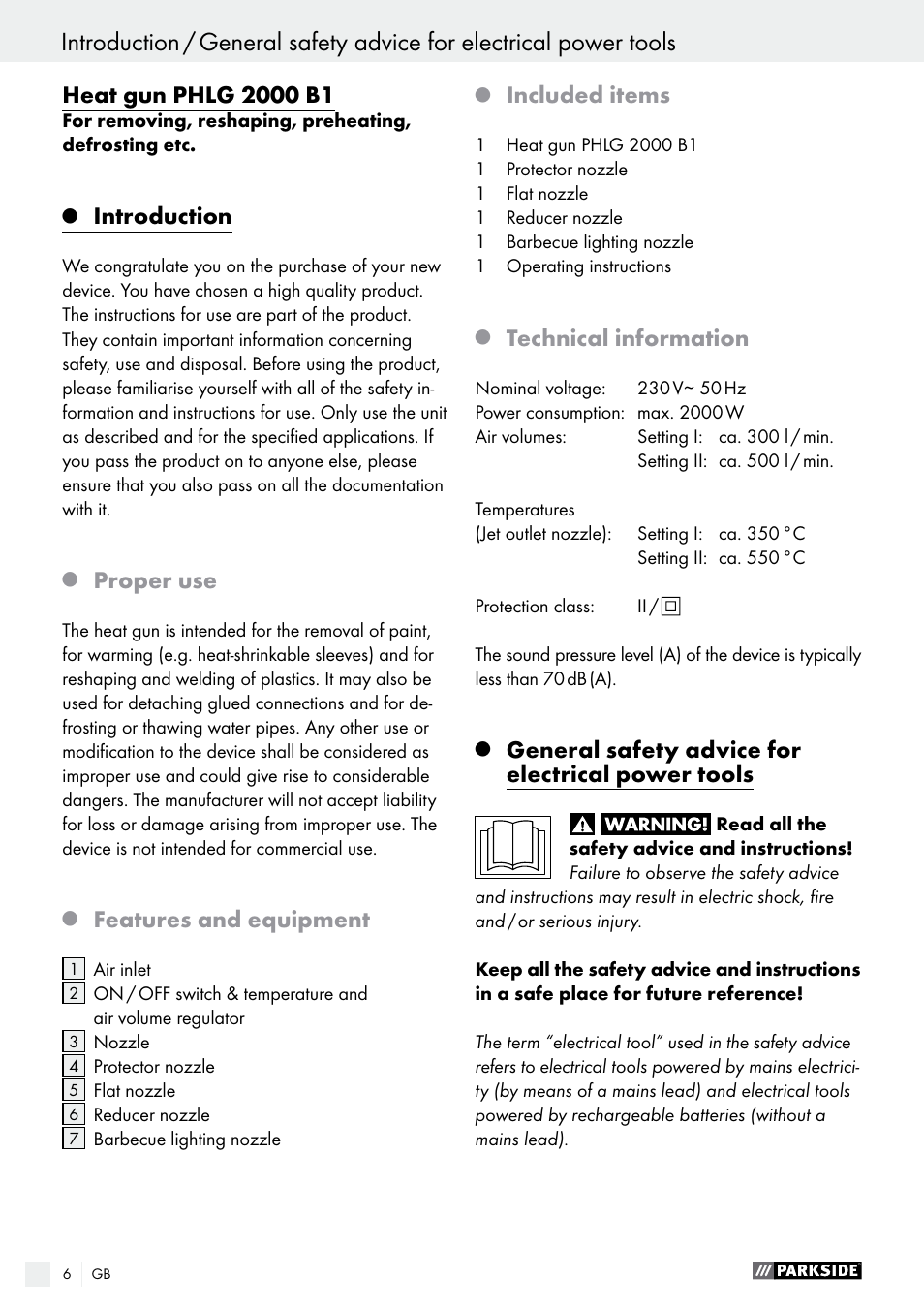 Introduction, Proper use, Features and equipment | Included items, Technical information, General safety advice for electrical power tools | Parkside PHLG 2000 B1 User Manual | Page 6 / 61