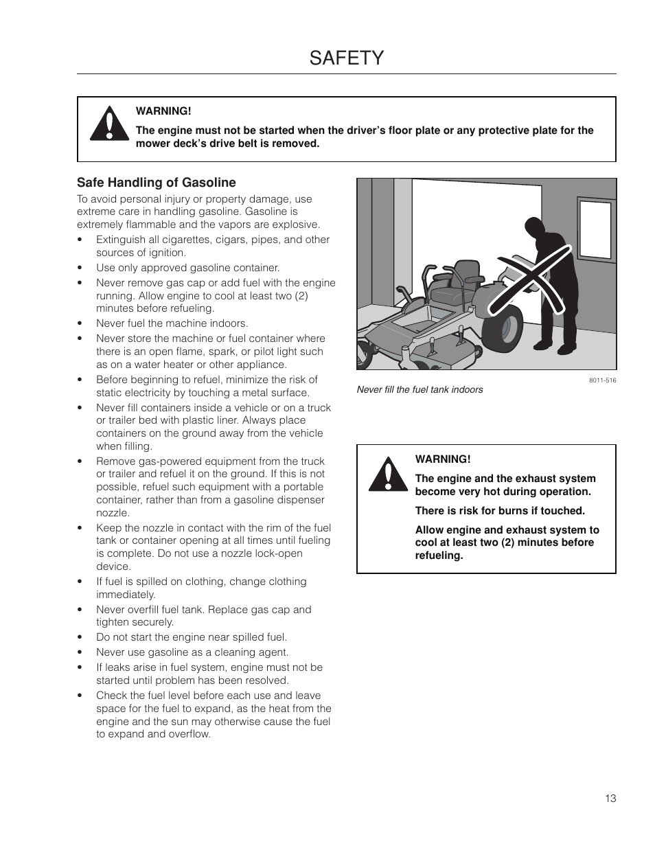 Safe handling of gasoline, Safety | Dixon SZ4619 CA User Manual | Page 13 / 60