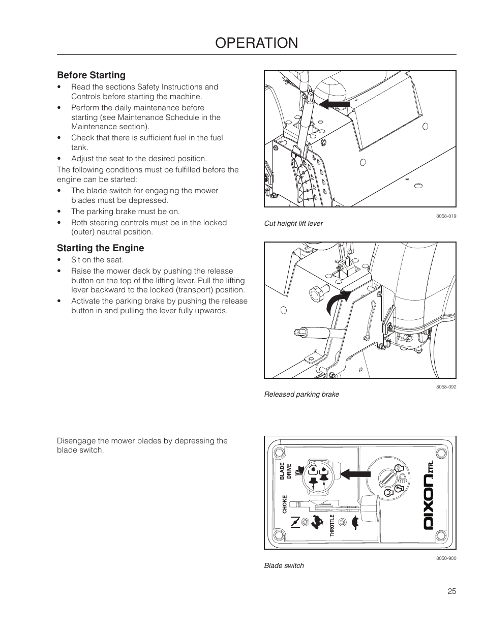 Before starting, Starting the engine, Operation | Dixon SZ4619 CA User Manual | Page 25 / 60