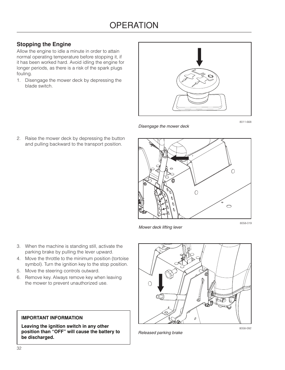 Stopping the engine, Operation | Dixon SZ4619 CA User Manual | Page 32 / 60