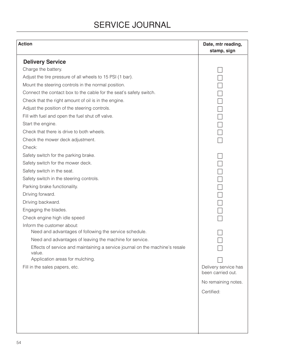 Service journal | Dixon SZ4619 CA User Manual | Page 54 / 60