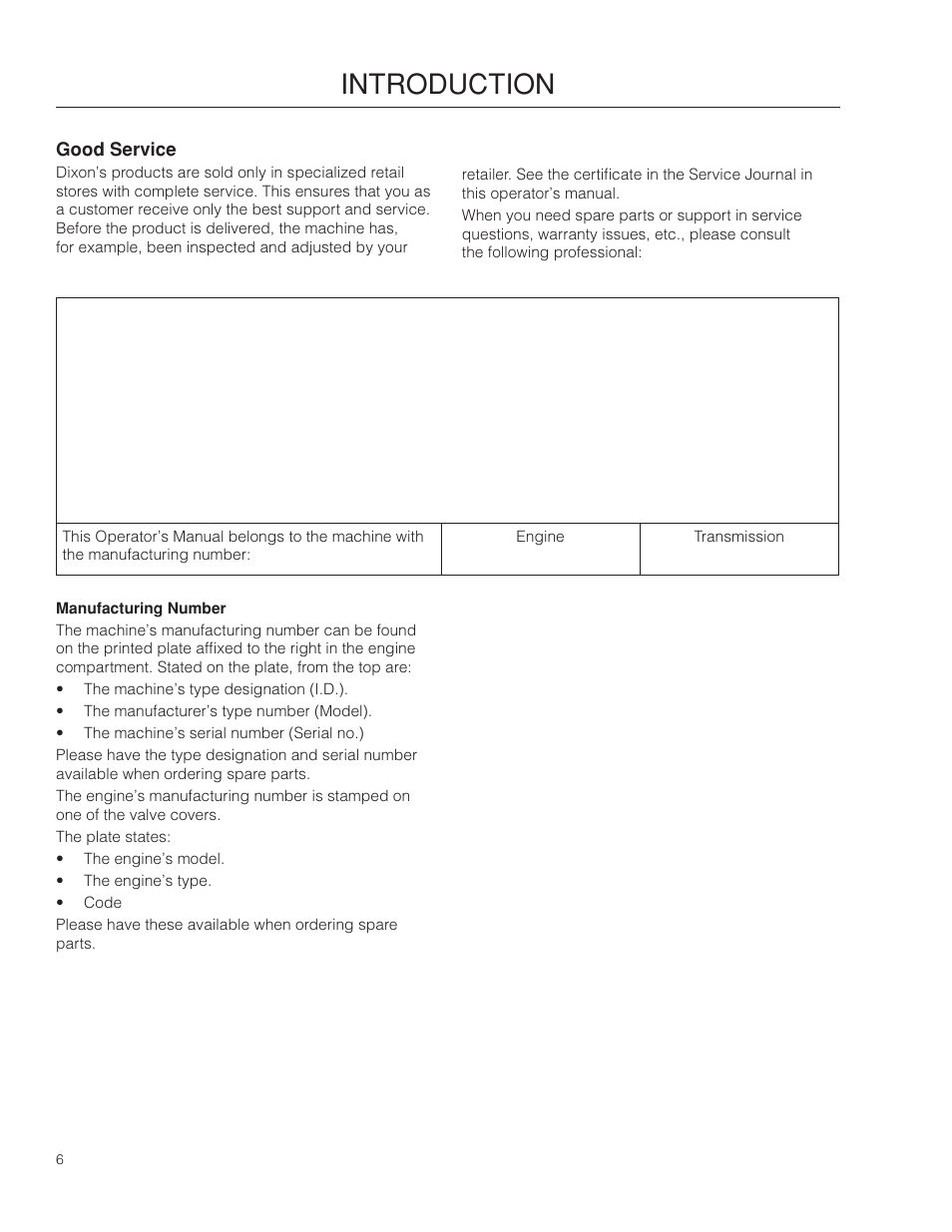 Good service, Introduction | Dixon SZ4619 CA User Manual | Page 6 / 60