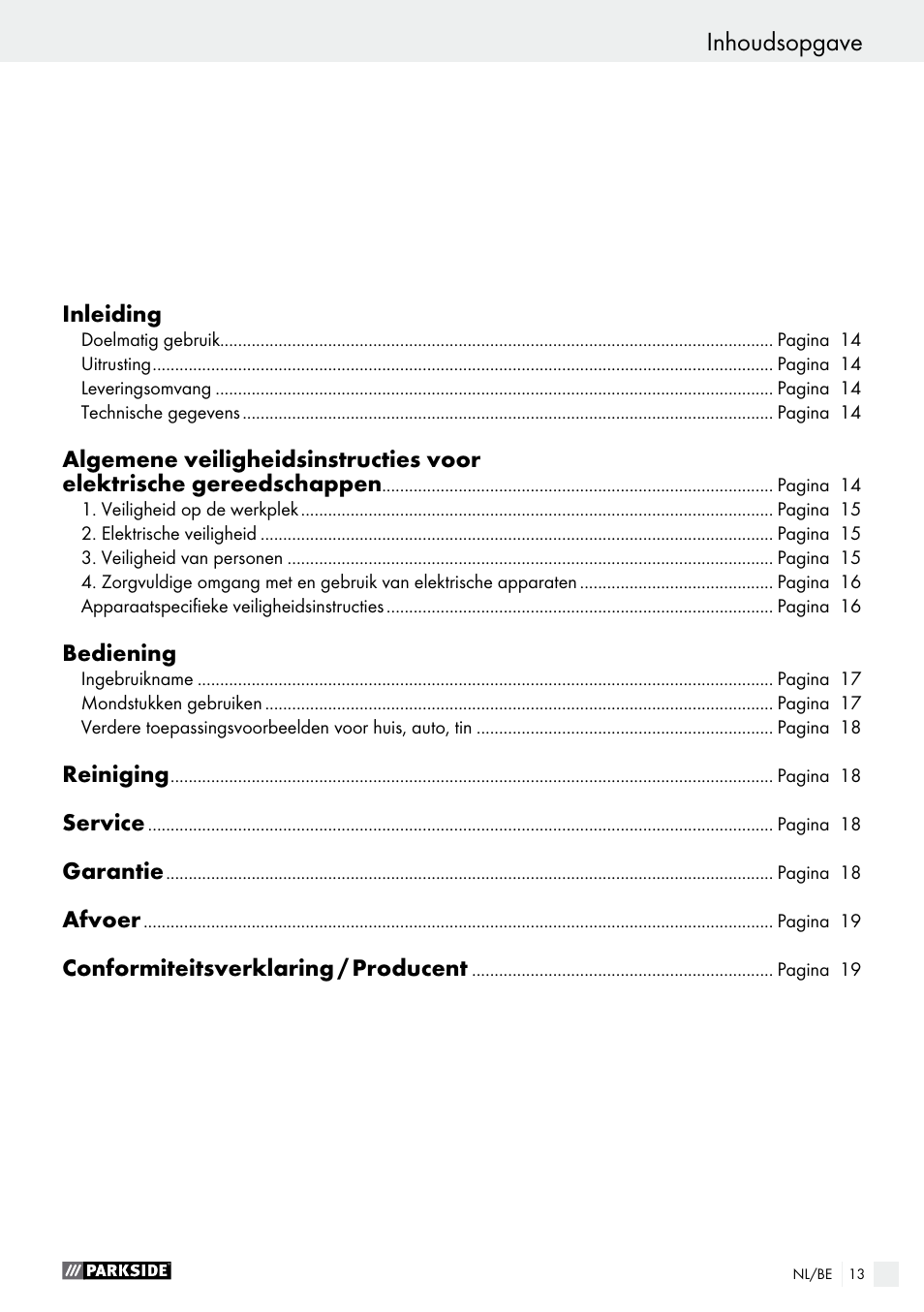 Inhoudsopgave | Parkside PHLG 2000 B1 User Manual | Page 13 / 36