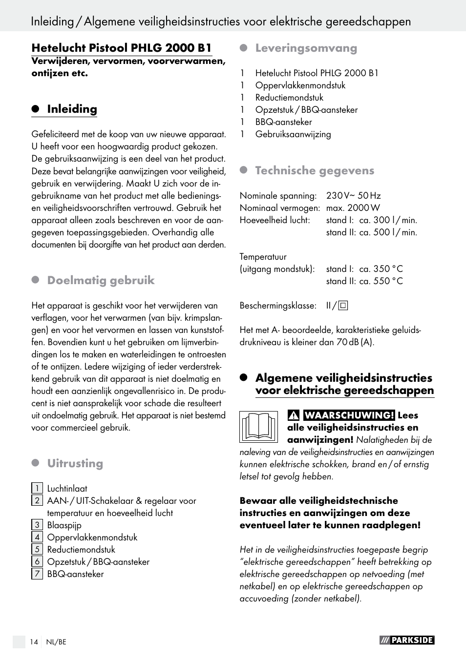 Inleiding, Doelmatig gebruik, Uitrusting | Leveringsomvang, Technische gegevens | Parkside PHLG 2000 B1 User Manual | Page 14 / 36