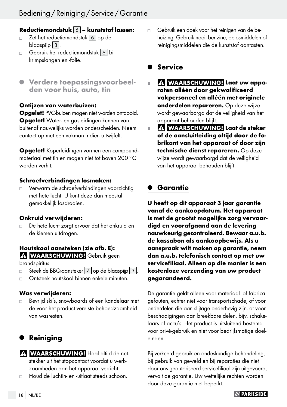 Reiniging, Service, Garantie | Parkside PHLG 2000 B1 User Manual | Page 18 / 36