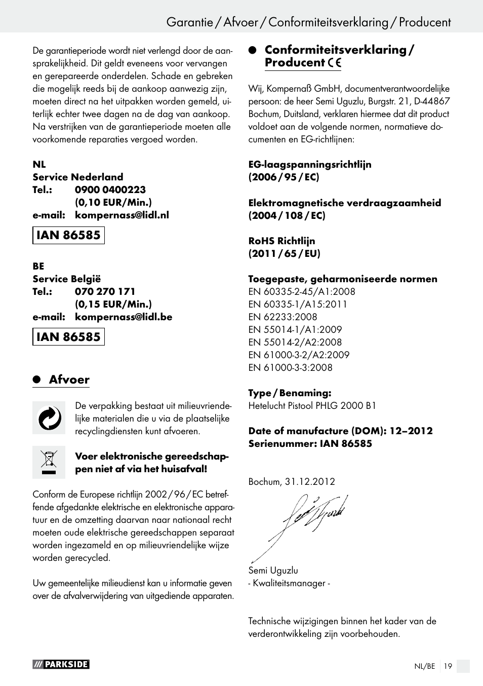 Afvoer, Conformiteitsverklaring / producent | Parkside PHLG 2000 B1 User Manual | Page 19 / 36