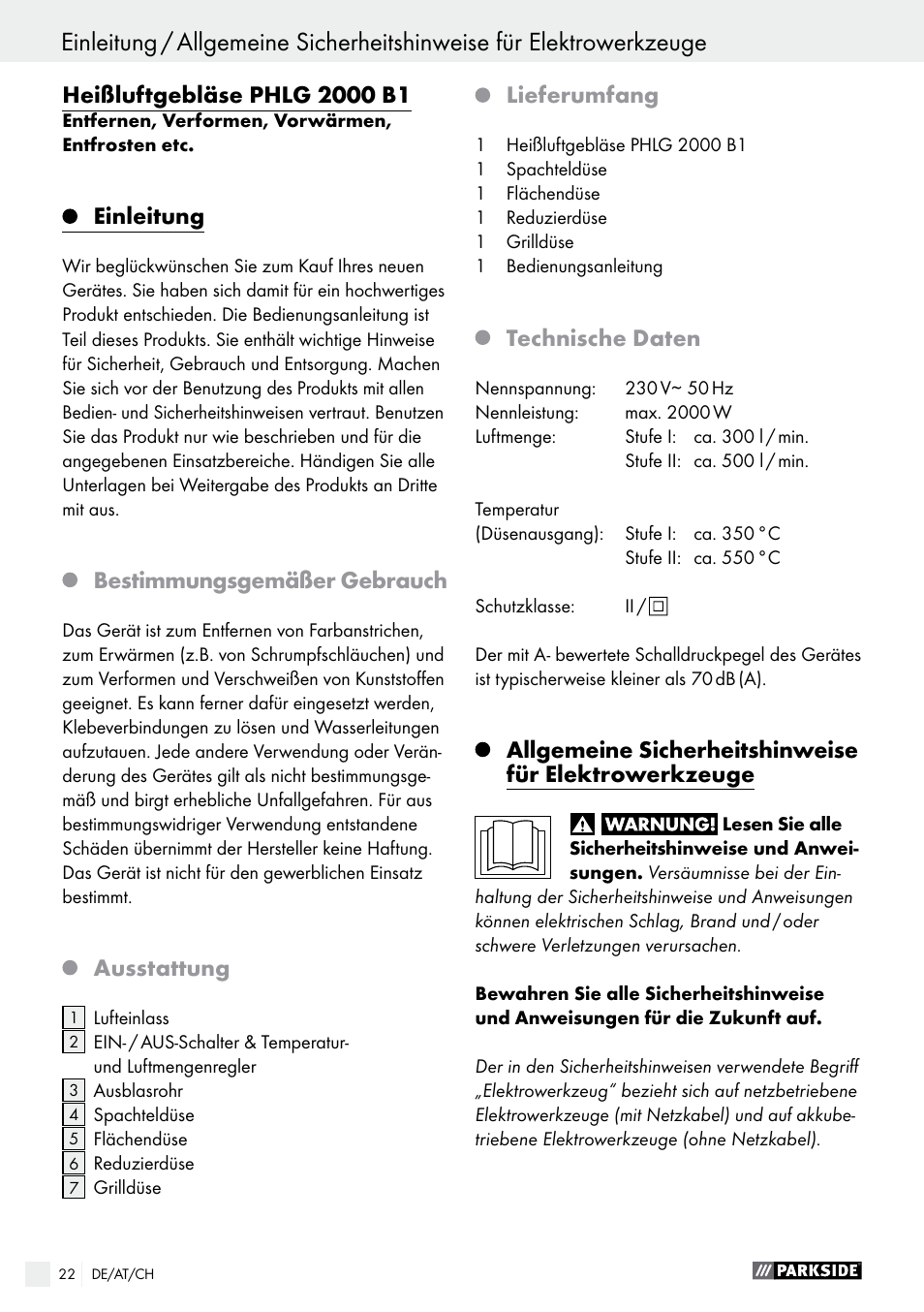 Einleitung, Bestimmungsgemäßer gebrauch, Ausstattung | Lieferumfang, Technische daten | Parkside PHLG 2000 B1 User Manual | Page 22 / 36
