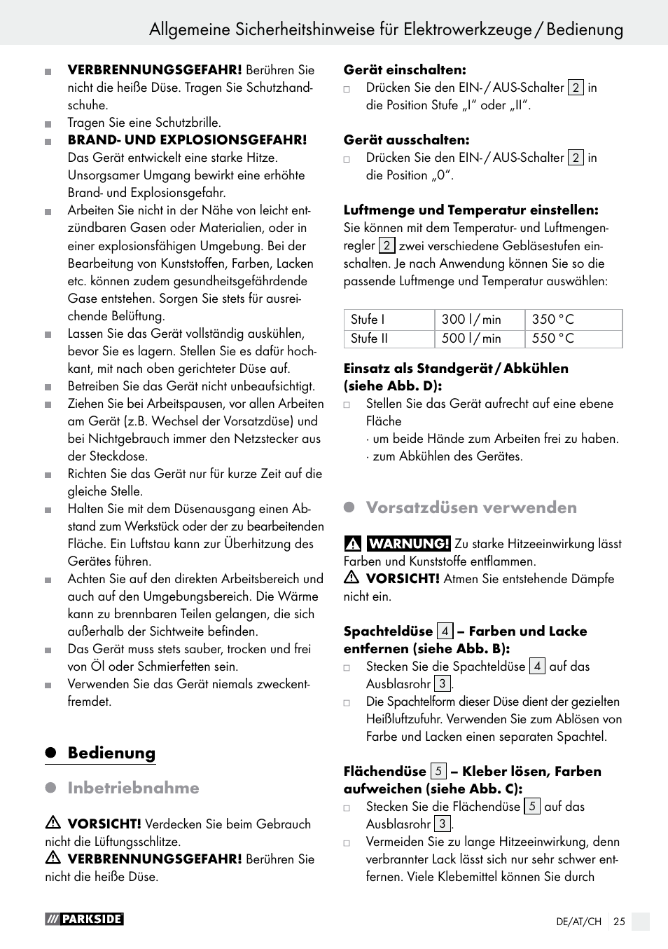 Bedienung inbetriebnahme, Vorsatzdüsen verwenden | Parkside PHLG 2000 B1 User Manual | Page 25 / 36