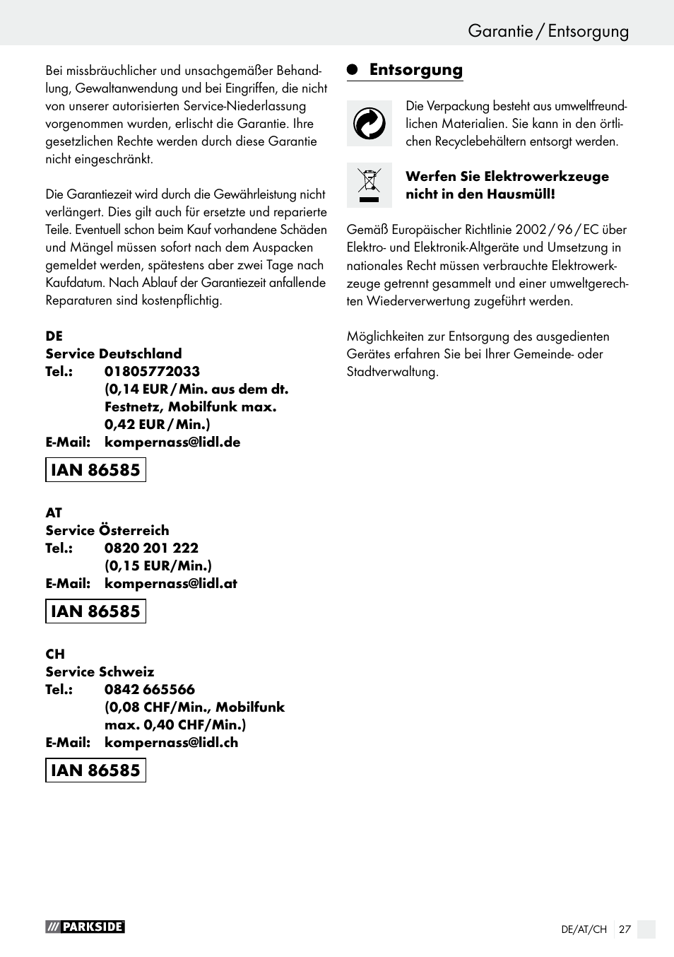Parkside PHLG 2000 B1 User Manual | Page 27 / 36