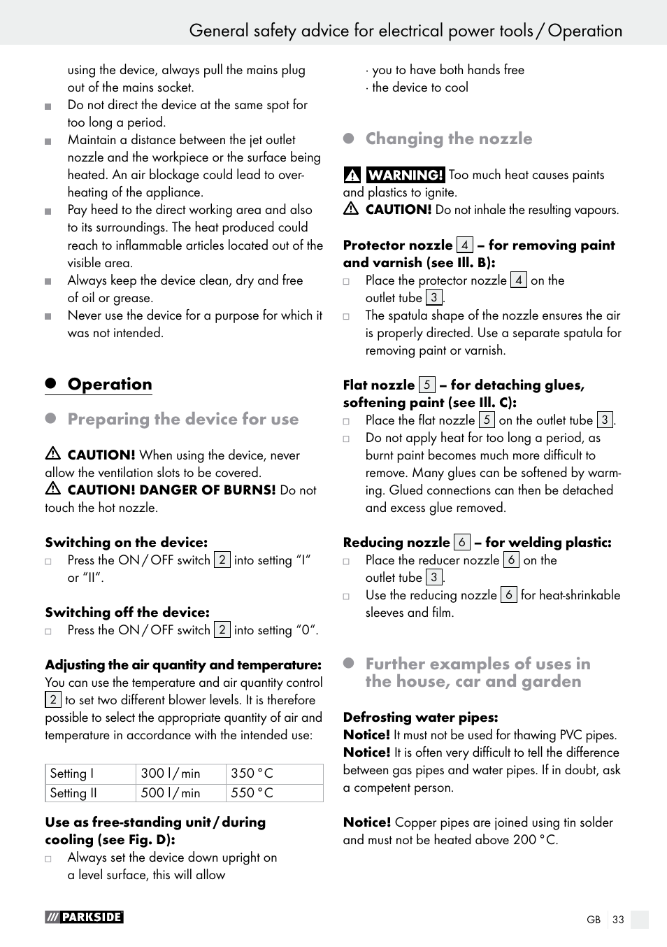 Operation, Preparing the device for use, Changing the nozzle | Parkside PHLG 2000 B1 User Manual | Page 33 / 36