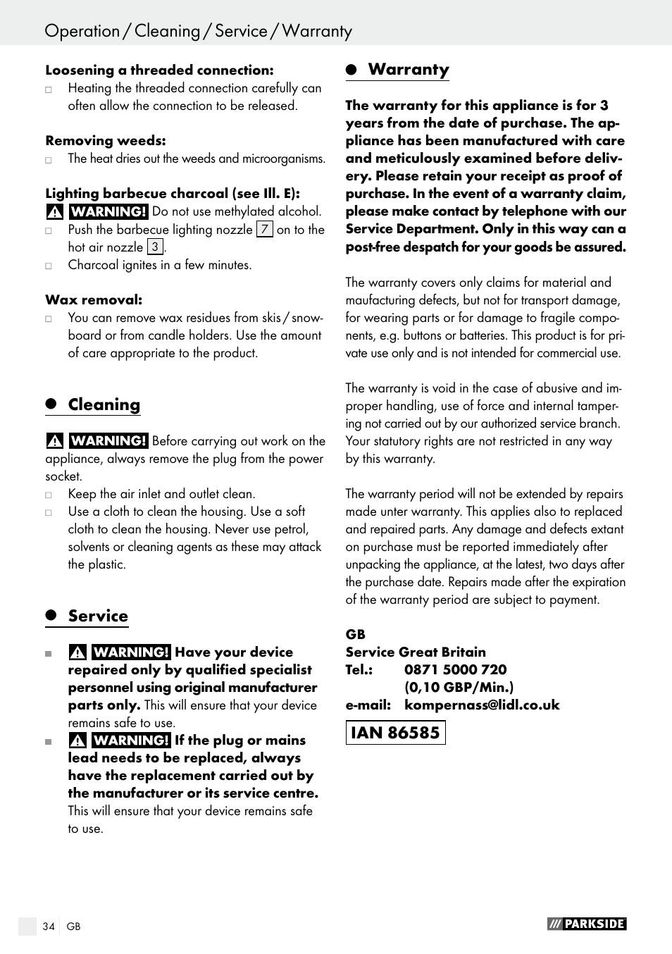 Cleaning, Service, Warranty | Parkside PHLG 2000 B1 User Manual | Page 34 / 36