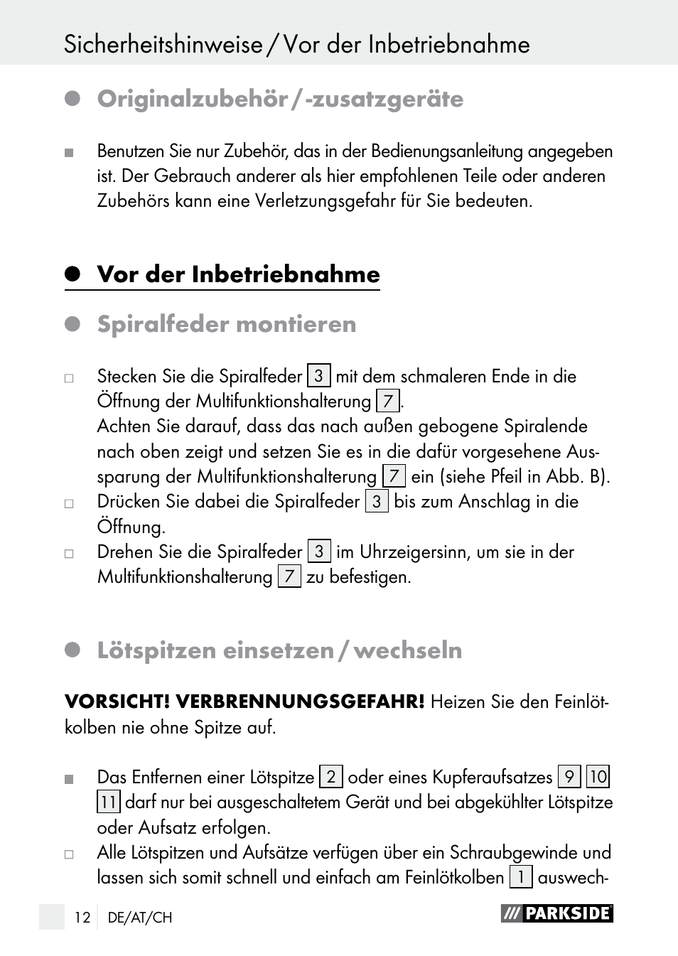 Sicherheitshinweise / vor der inbetriebnahme, Originalzubehör / -zusatzgeräte, Vor der inbetriebnahme | Spiralfeder montieren, Lötspitzen einsetzen / wechseln | Parkside PLBS 30 A1 User Manual | Page 12 / 68