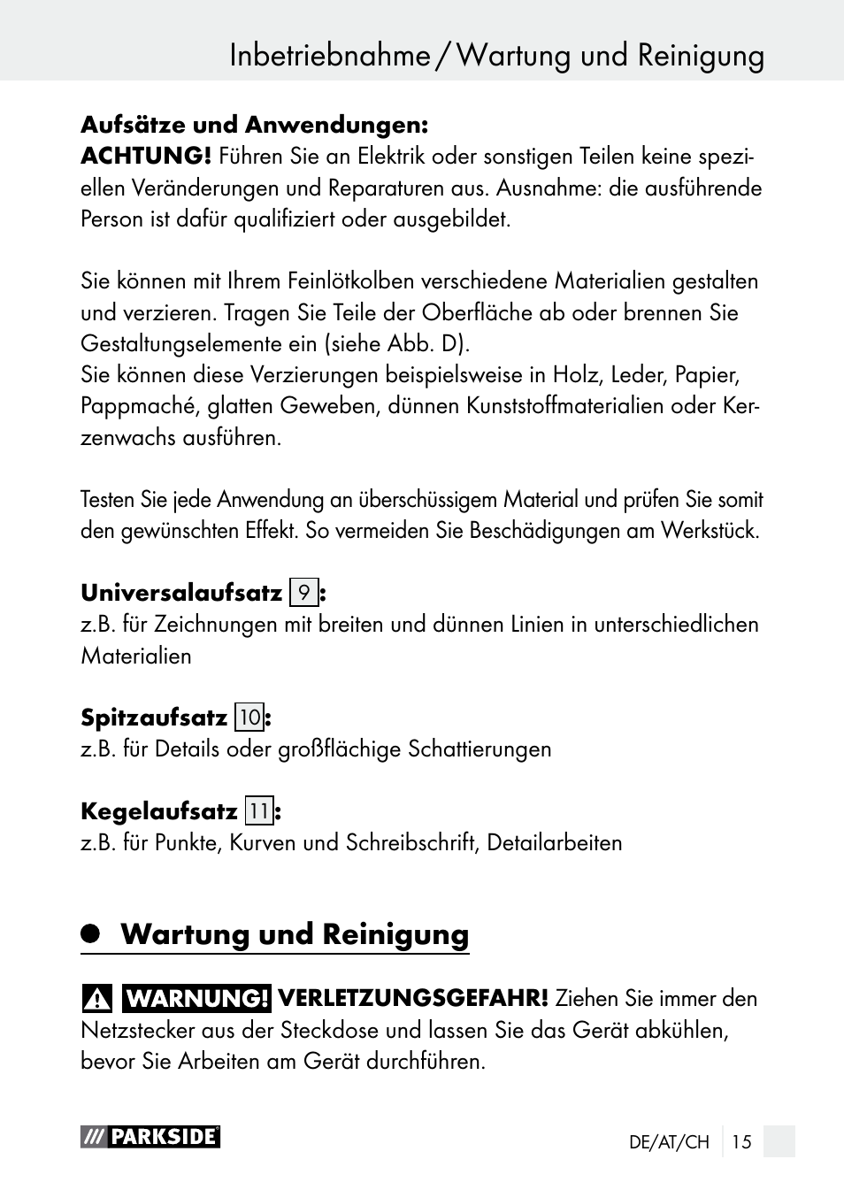 Inbetriebnahme / wartung und reinigung, Wartung und reinigung | Parkside PLBS 30 A1 User Manual | Page 15 / 68