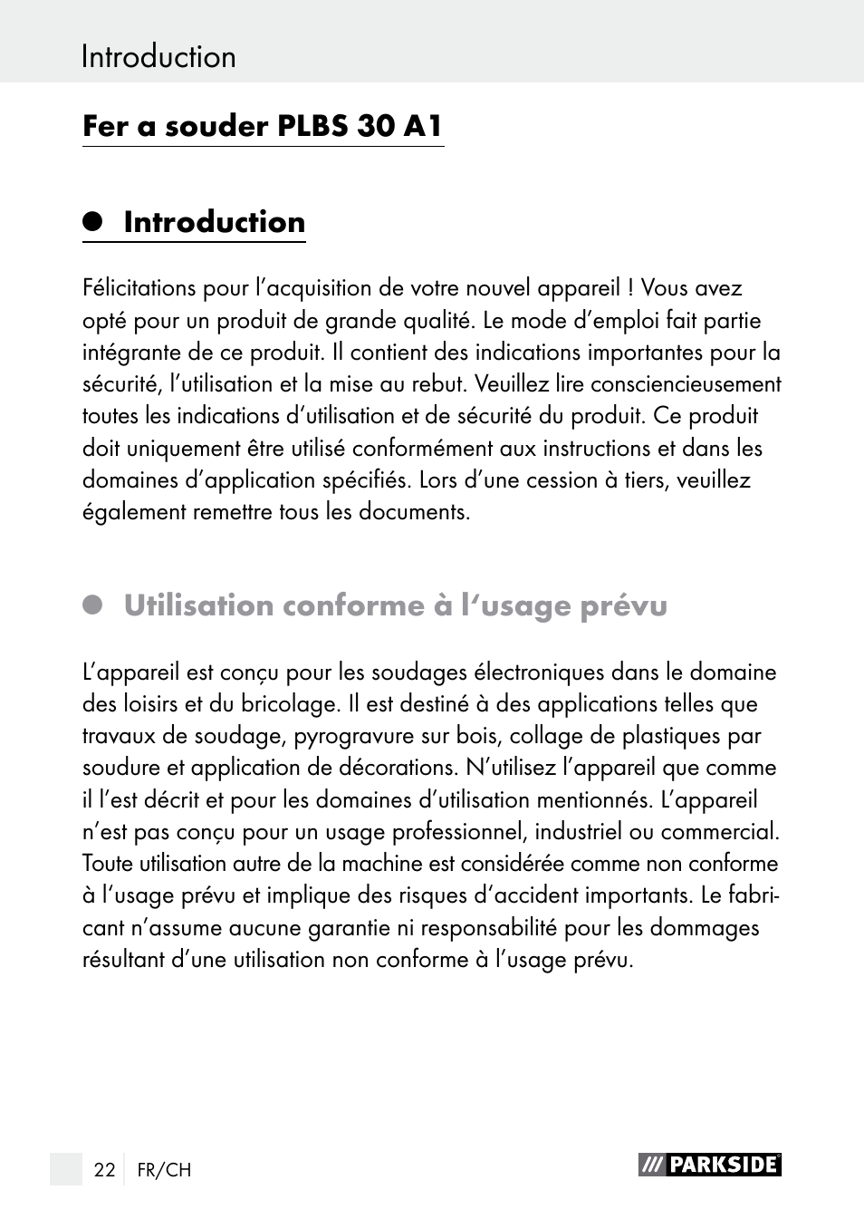 Introduction, Fer a souder plbs 30 a1, Utilisation conforme à l‘usage prévu | Parkside PLBS 30 A1 User Manual | Page 22 / 68