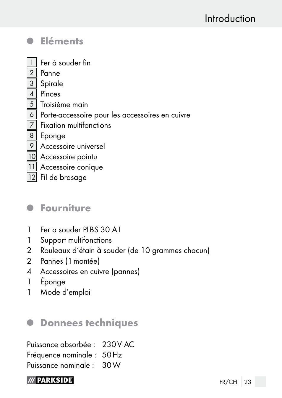 Introduction, Eléments, Fourniture | Donnees techniques | Parkside PLBS 30 A1 User Manual | Page 23 / 68