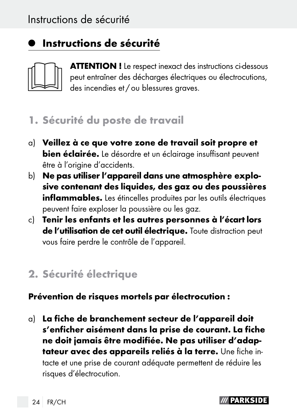 Instructions de sécurité, Sécurité du poste de travail, Sécurité électrique | Parkside PLBS 30 A1 User Manual | Page 24 / 68