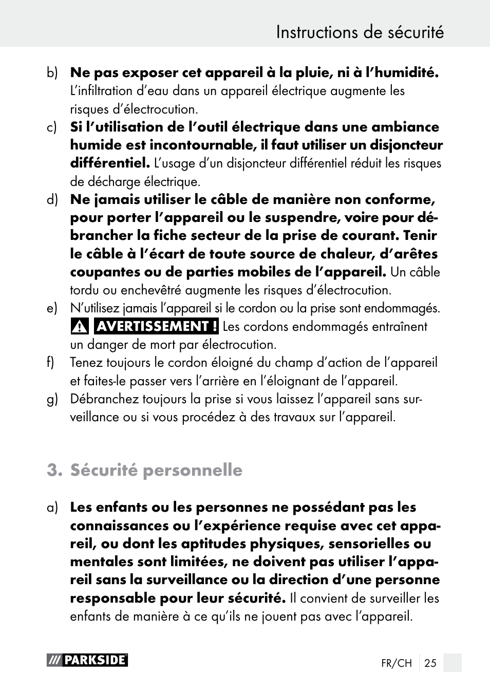 Instructions de sécurité, Sécurité personnelle | Parkside PLBS 30 A1 User Manual | Page 25 / 68