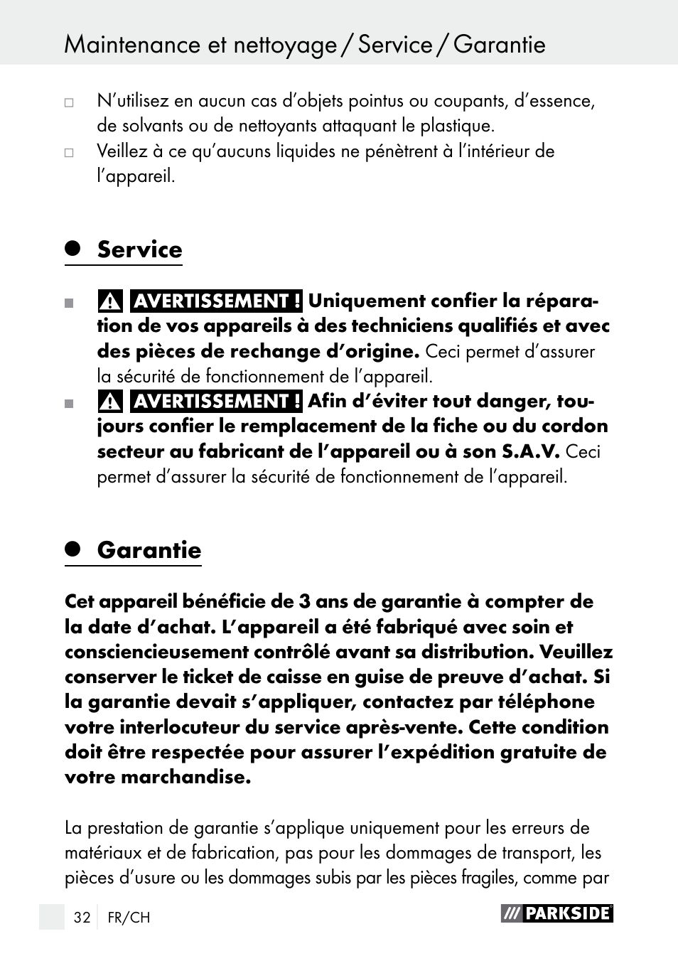 Service, Garantie | Parkside PLBS 30 A1 User Manual | Page 32 / 68