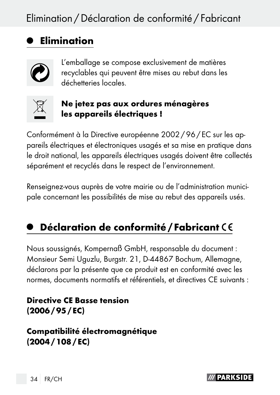 Elimination, Déclaration de conformité / fabricant | Parkside PLBS 30 A1 User Manual | Page 34 / 68