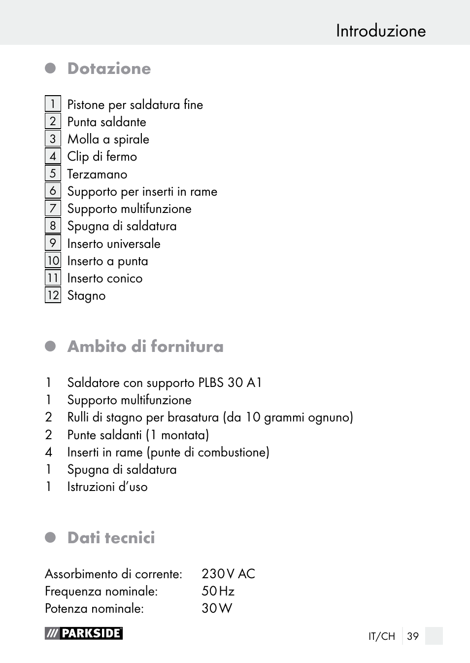 Introduzione, Dotazione, Ambito di fornitura | Dati tecnici | Parkside PLBS 30 A1 User Manual | Page 39 / 68