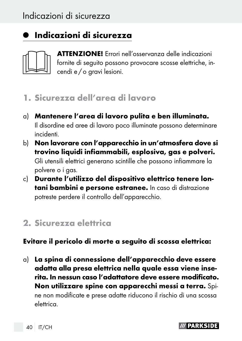 Indicazioni di sicurezza, Sicurezza dell’area di lavoro, Sicurezza elettrica | Parkside PLBS 30 A1 User Manual | Page 40 / 68