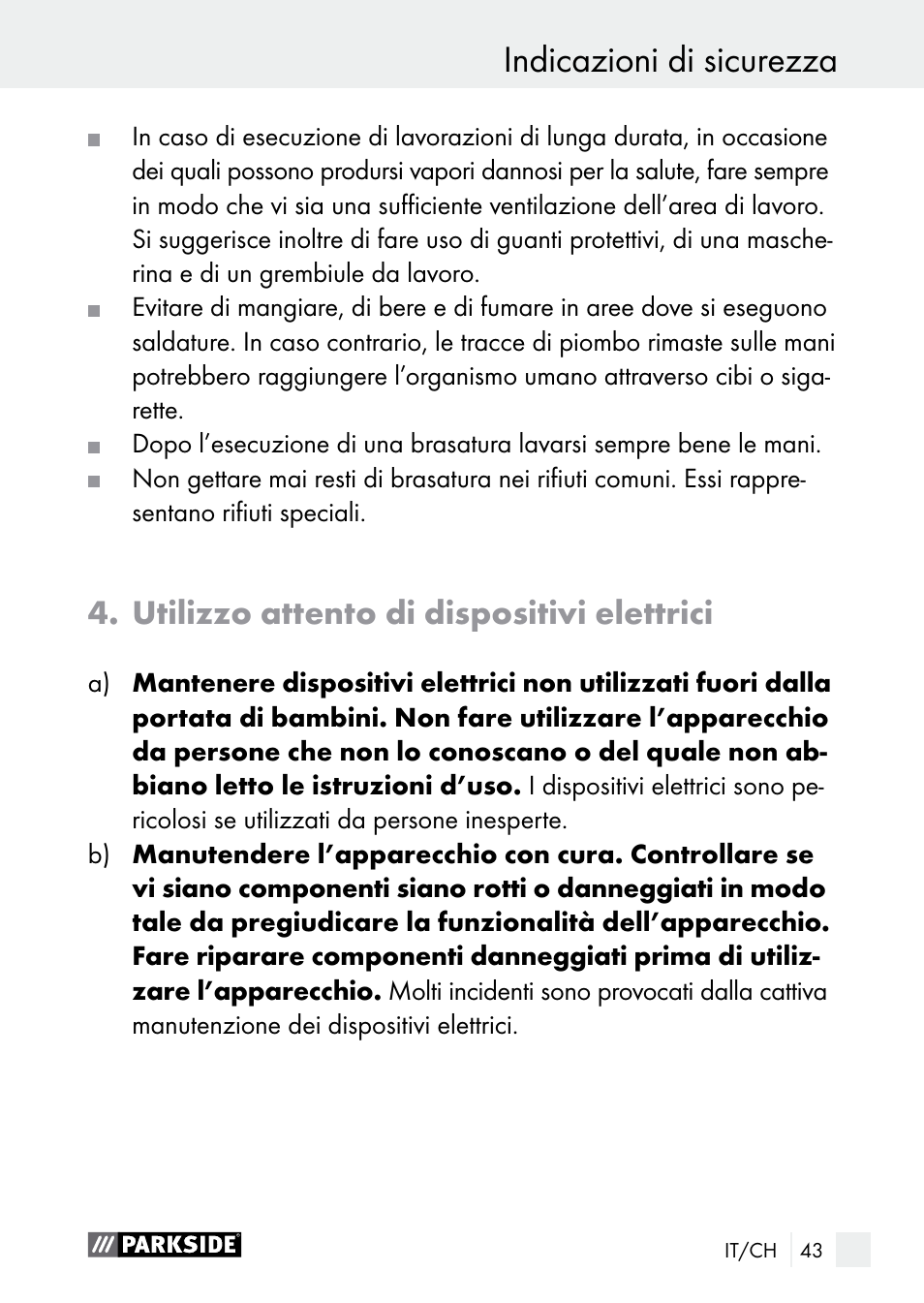Indicazioni di sicurezza, Utilizzo attento di dispositivi elettrici | Parkside PLBS 30 A1 User Manual | Page 43 / 68