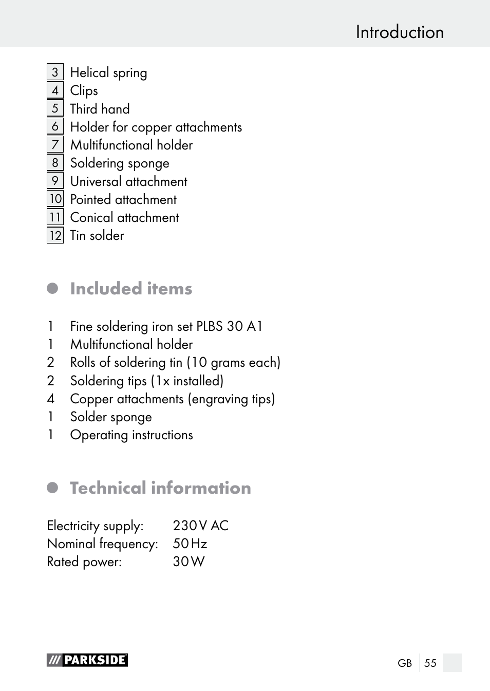 Introduction, Included items, Technical information | Parkside PLBS 30 A1 User Manual | Page 55 / 68