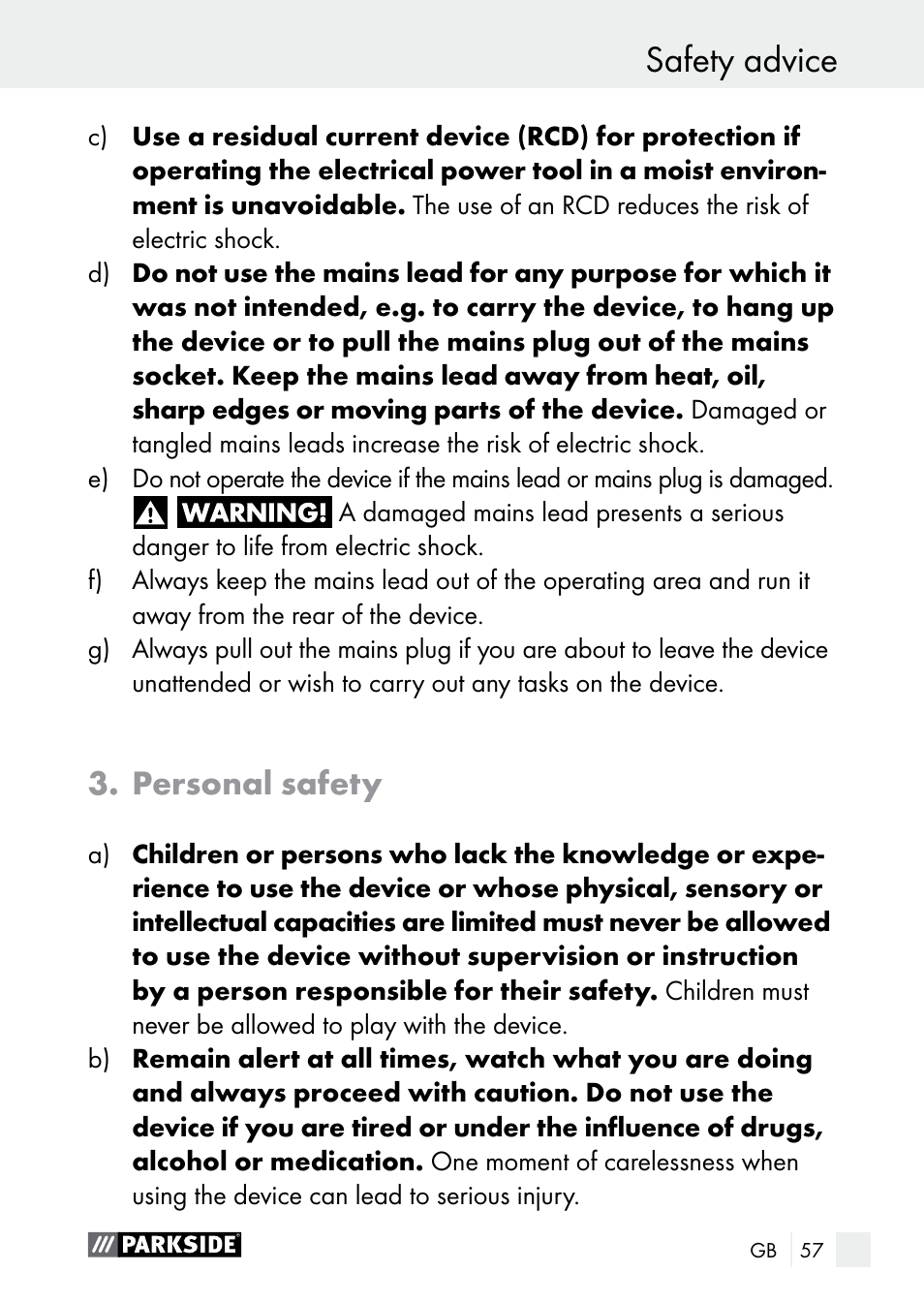 Safety advice, Personal safety | Parkside PLBS 30 A1 User Manual | Page 57 / 68