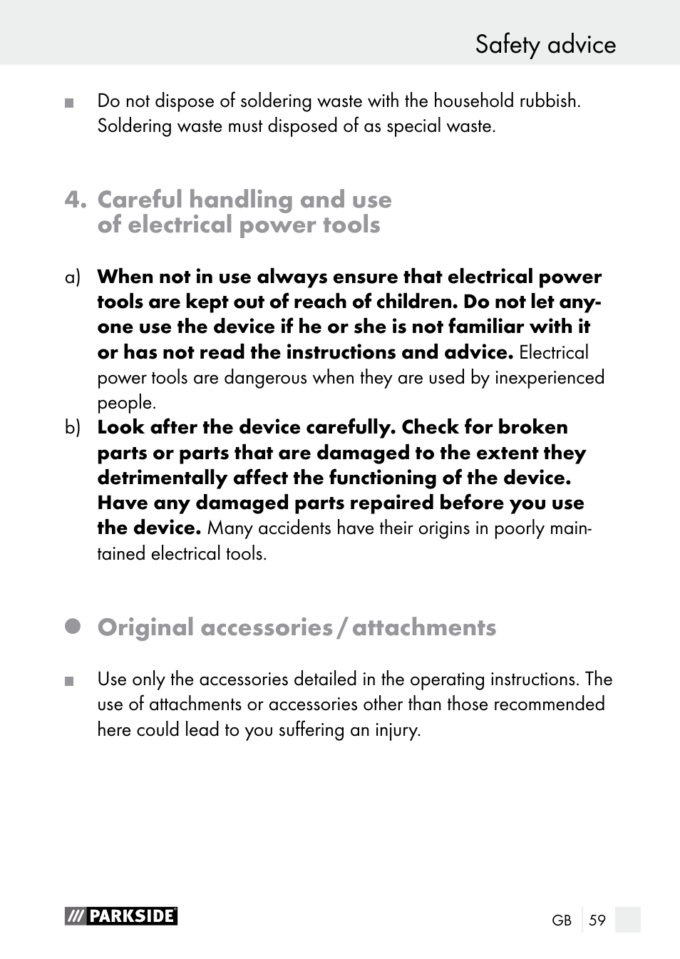 Safety advice, Careful handling and use of electrical power tools, Original accessories / attachments | Parkside PLBS 30 A1 User Manual | Page 59 / 68