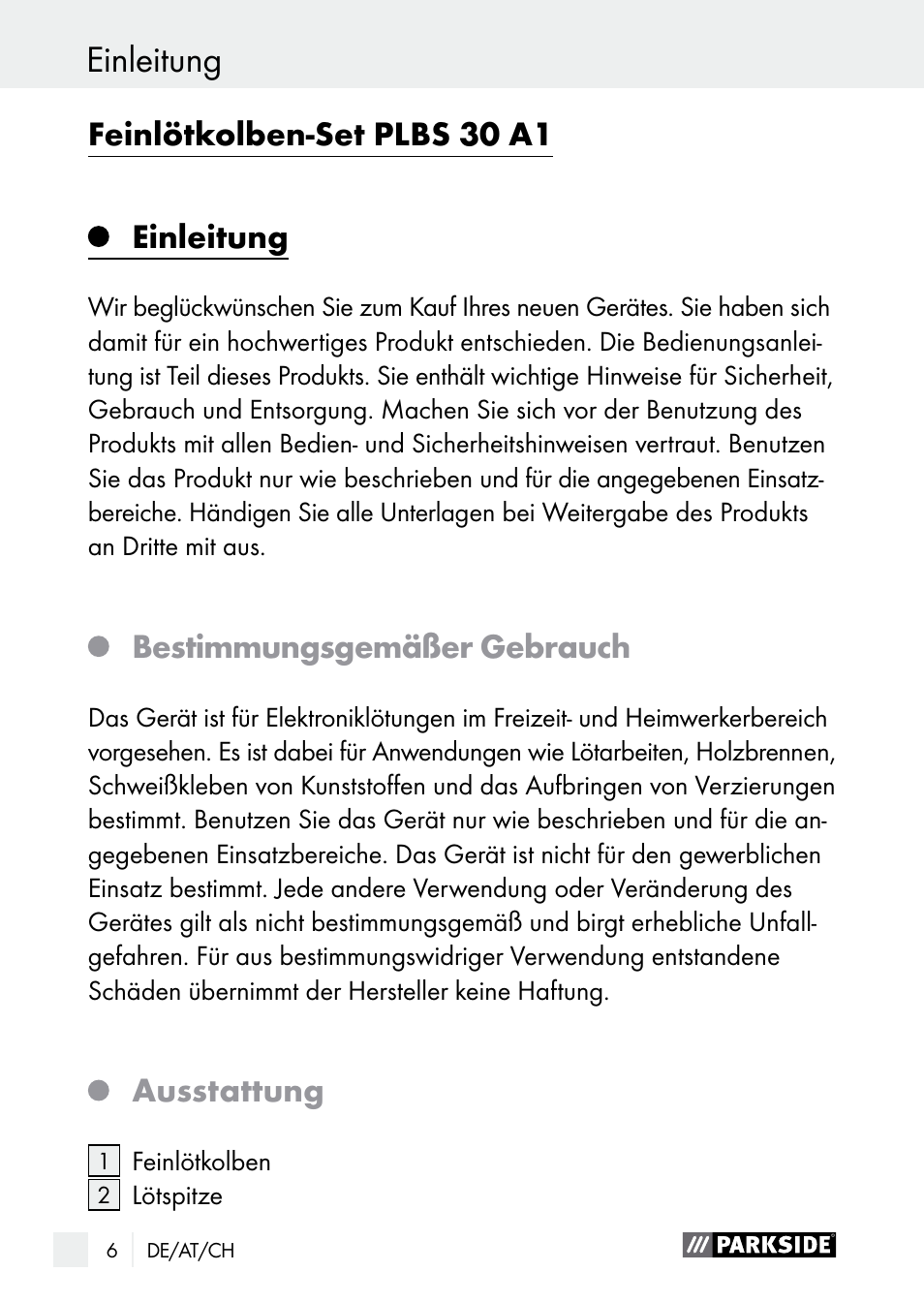 Feinlötkolben-set plbs 30 a1, Einleitung, Bestimmungsgemäßer gebrauch | Ausstattung | Parkside PLBS 30 A1 User Manual | Page 6 / 68