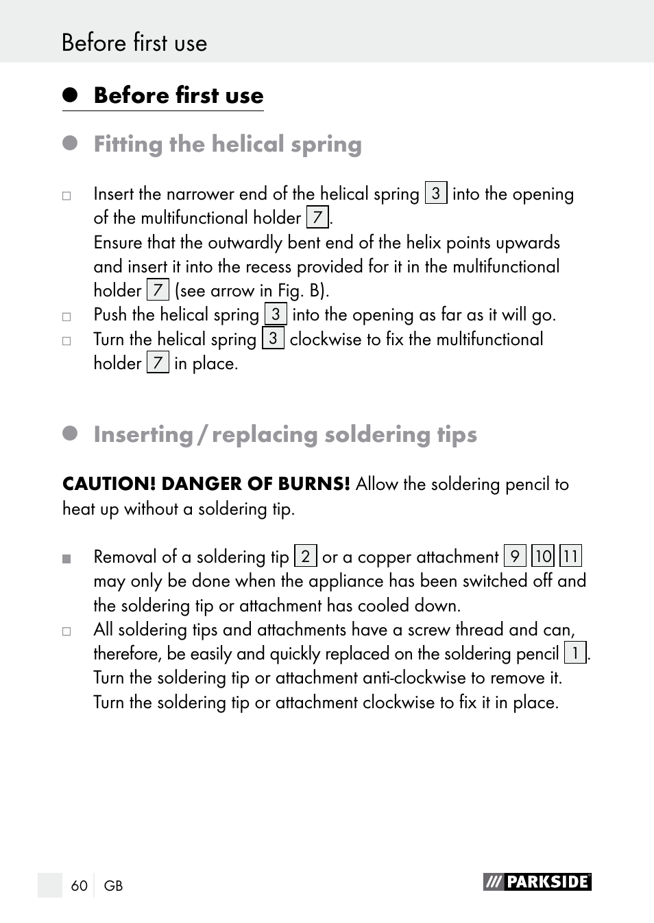 Operation before first use, Before first use, Fitting the helical spring | Inserting / replacing soldering tips | Parkside PLBS 30 A1 User Manual | Page 60 / 68