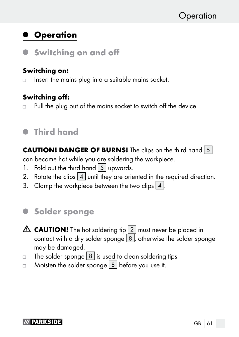 Operation before first use, Operation, Switching on and off | Third hand, Solder sponge | Parkside PLBS 30 A1 User Manual | Page 61 / 68