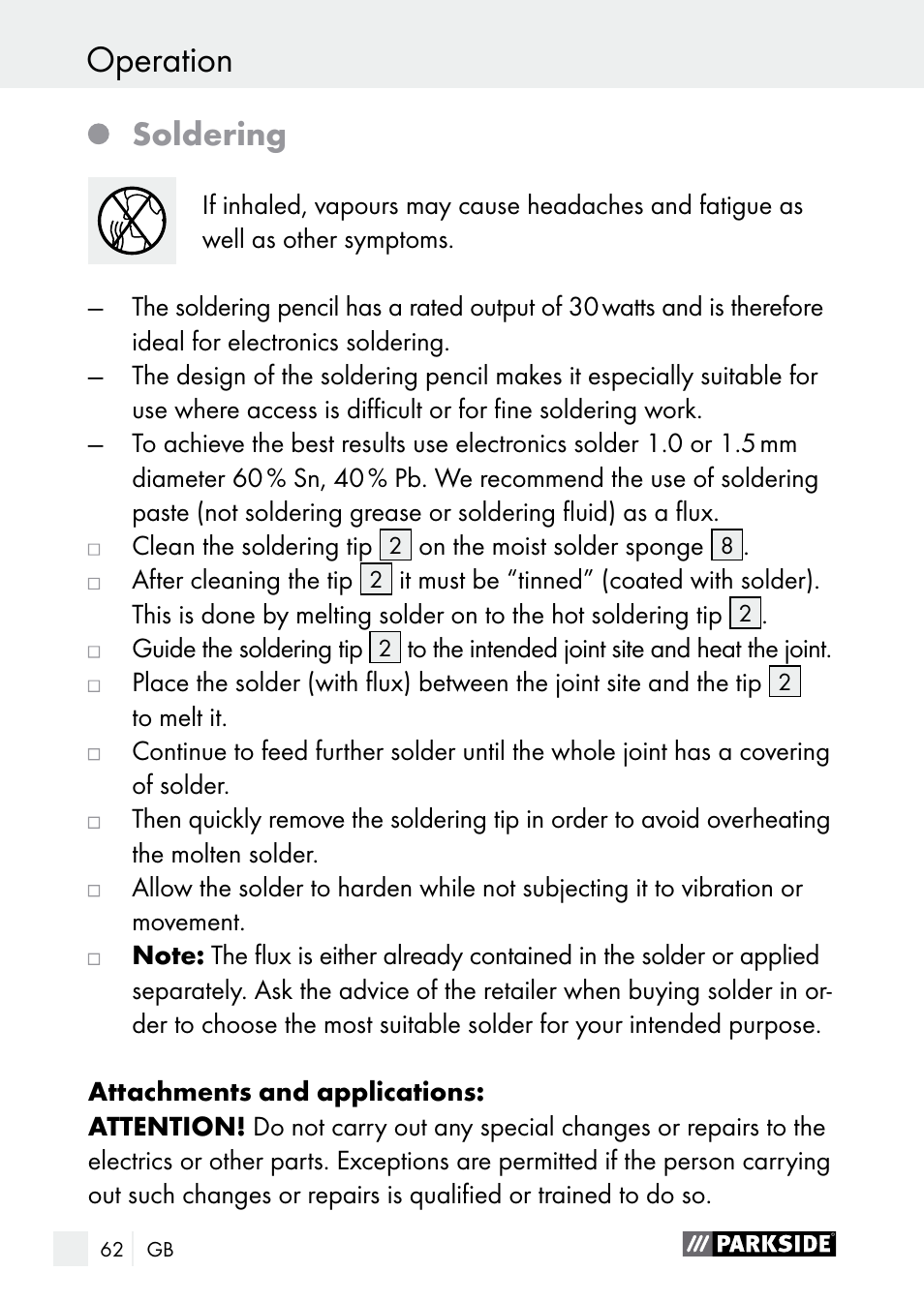 Operation / maintenance and cleaning operation, Soldering | Parkside PLBS 30 A1 User Manual | Page 62 / 68