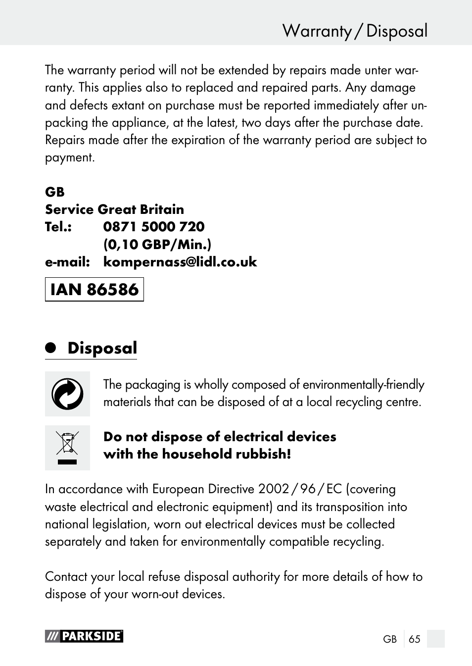 Warranty / disposal service centre / warranty, Disposal | Parkside PLBS 30 A1 User Manual | Page 65 / 68