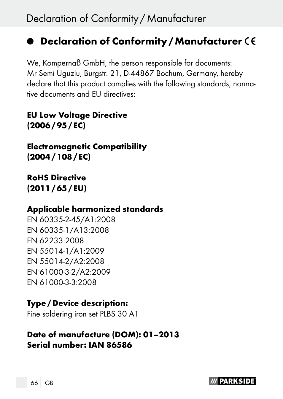 Declaration of conformity / manufacturer | Parkside PLBS 30 A1 User Manual | Page 66 / 68
