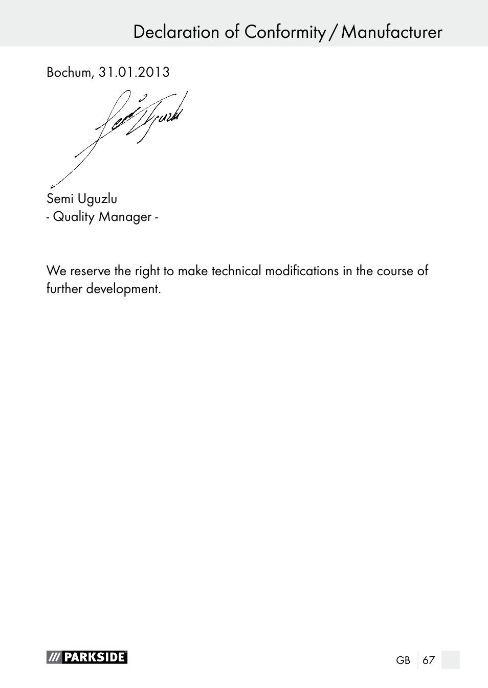 Declaration of conformity / manufacturer | Parkside PLBS 30 A1 User Manual | Page 67 / 68