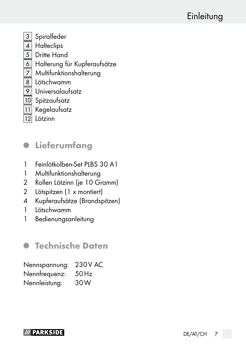 Einleitung, Lieferumfang, Technische daten | Parkside PLBS 30 A1 User Manual | Page 7 / 68