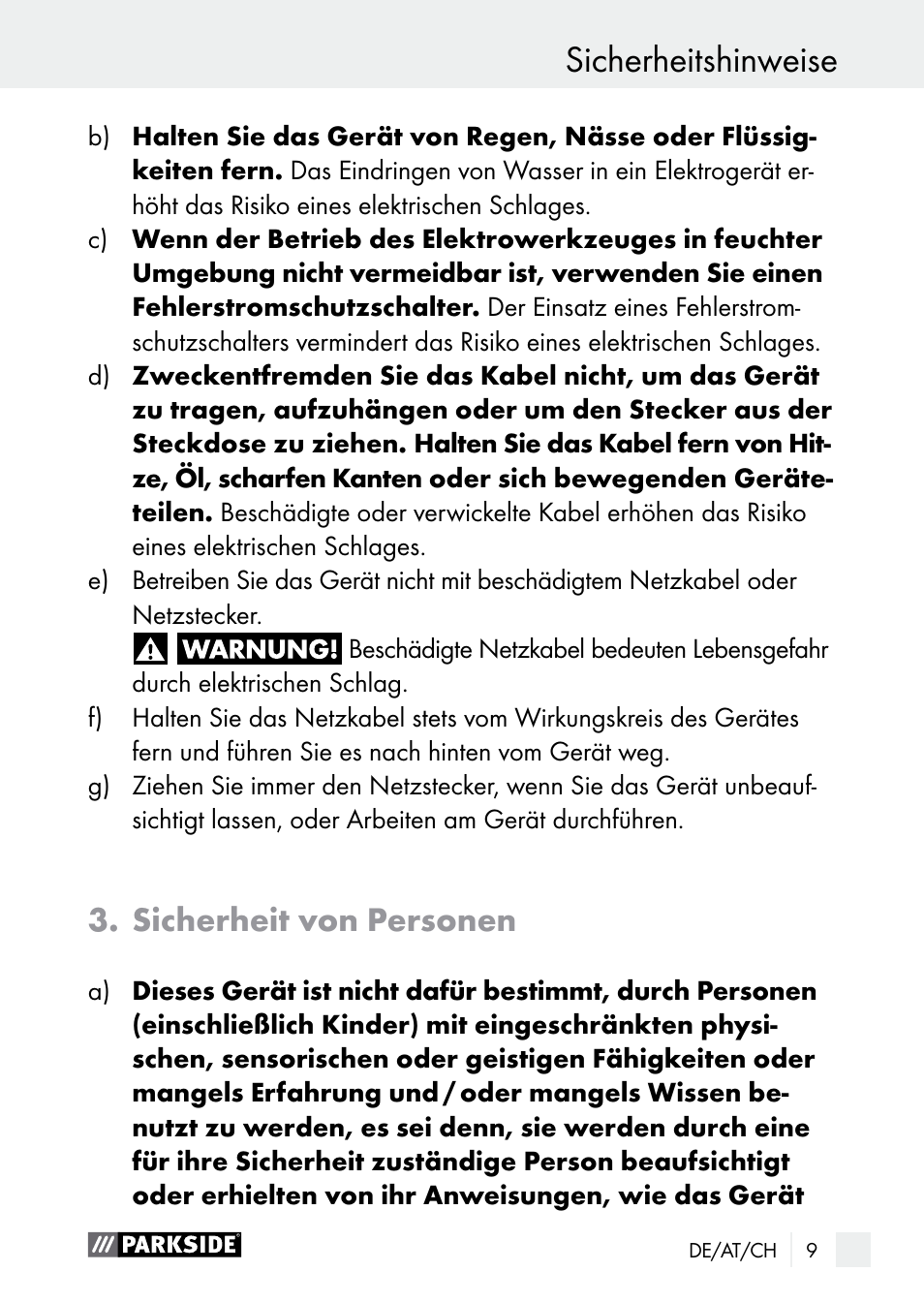 Sicherheitshinweise, Sicherheit von personen | Parkside PLBS 30 A1 User Manual | Page 9 / 68