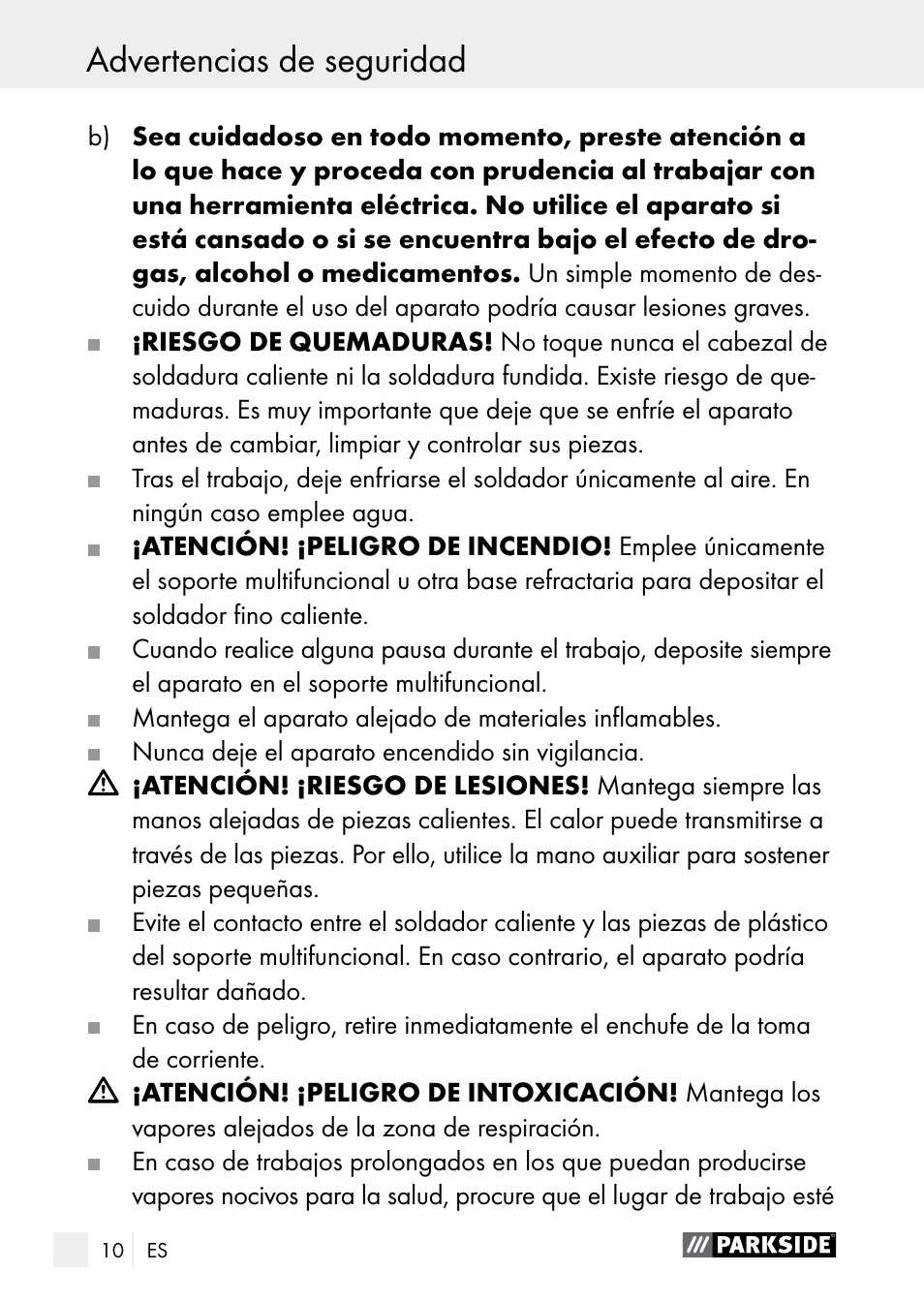 Advertencias de seguridad | Parkside PLBS 30 A1 User Manual | Page 10 / 85
