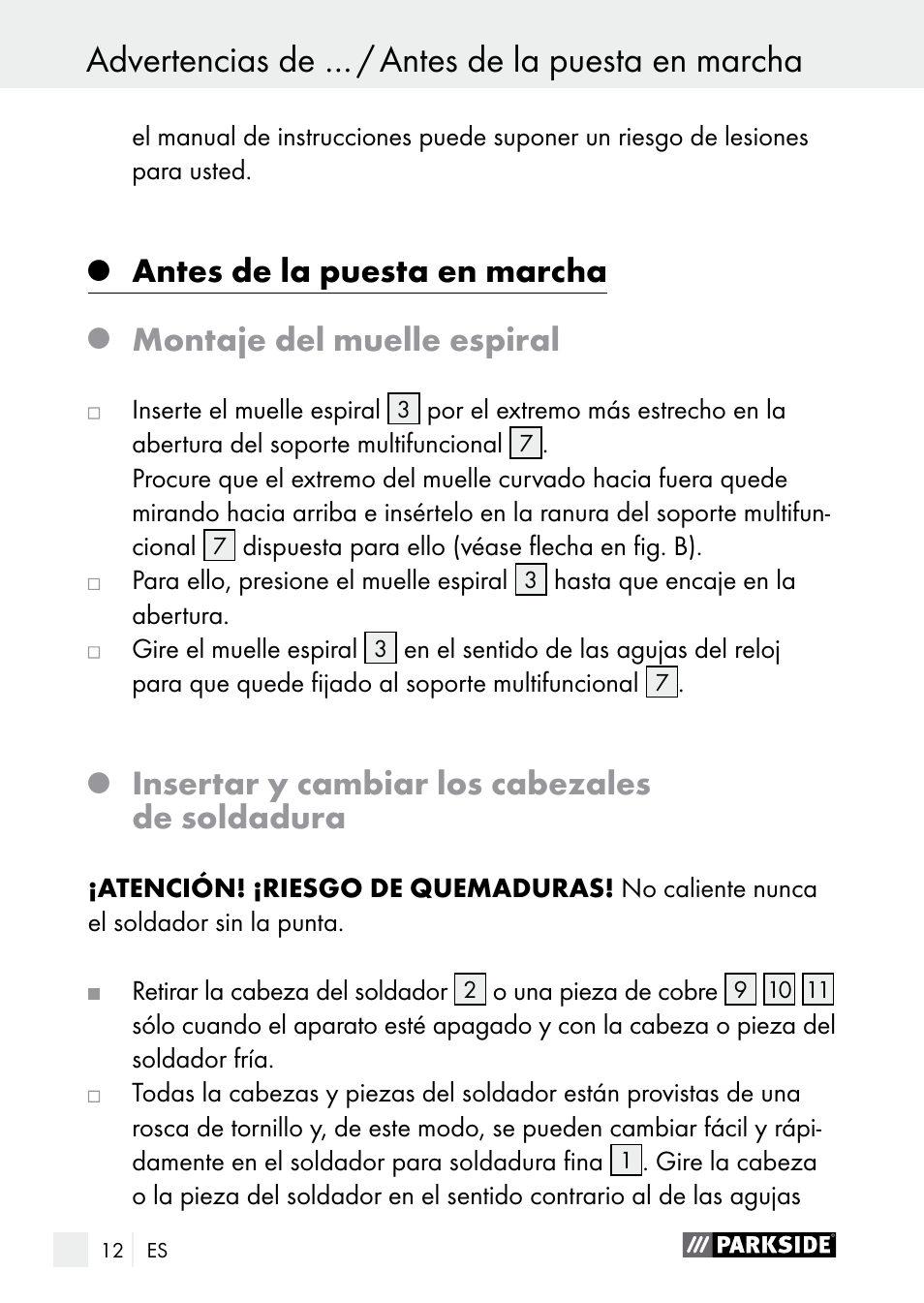 Antes de la puesta en marcha, Montaje del muelle espiral, Insertar y cambiar los cabezales de soldadura | Parkside PLBS 30 A1 User Manual | Page 12 / 85